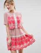 Asos Premium Double Layer Mini Embroidered Dress - Pink