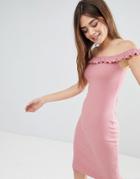 Asos Design Bardot Frill Midi Rib Dress - Pink