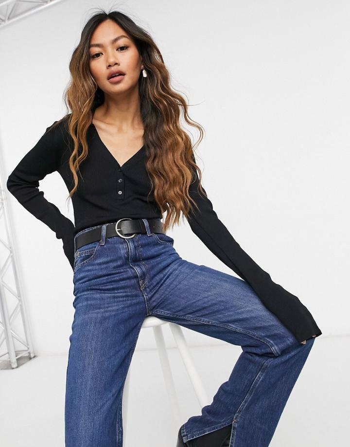 Weekday Flavia Knit Polo Top In Black