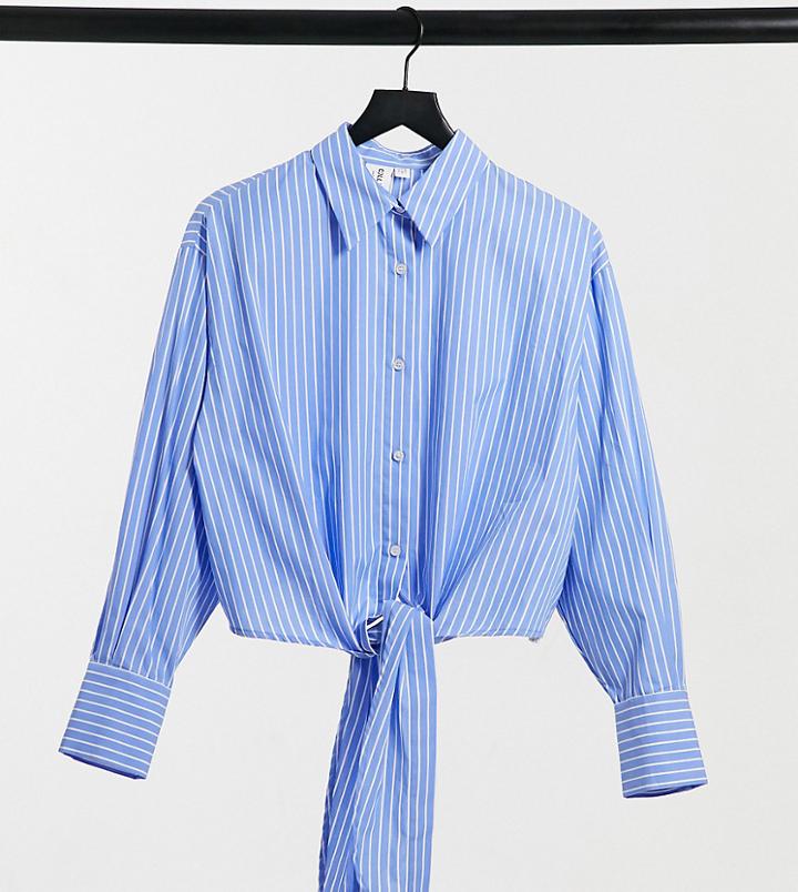 Collusion Cropped Tie Detail Stripe Shirt In Blue-blues