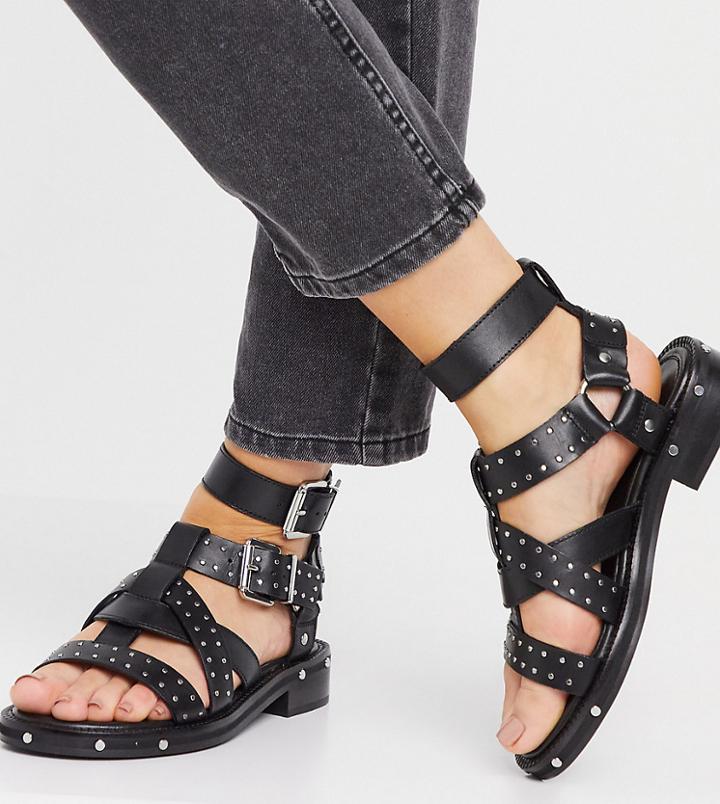 Asos Design Wide Fit Fernanda Premium Leather Chunky Sandals In Black