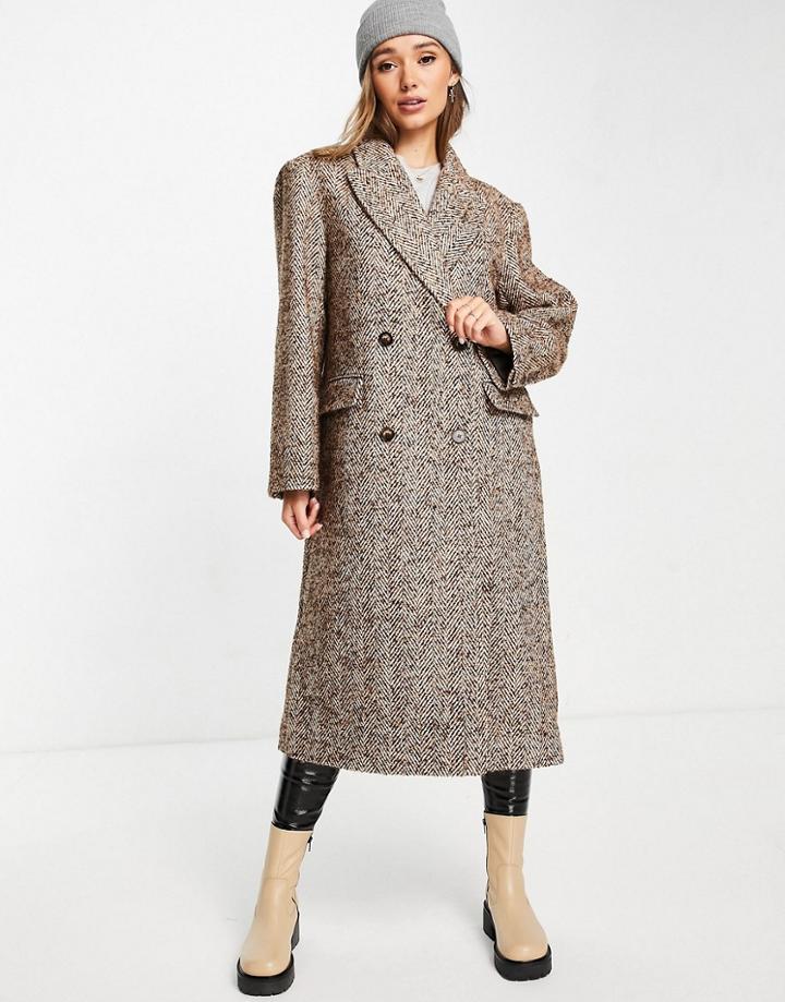 Asos Design Herringbone Dad Coat In Brown