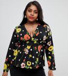 Influence Plus Floral Button Through Peplum Blouse - Black