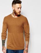 Asos Dropped Shoulder Cable Jumper In Merino Wool Mix - Tan