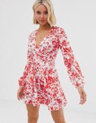 Parisian Long Sleeve Dress In Red Floral Print - Red