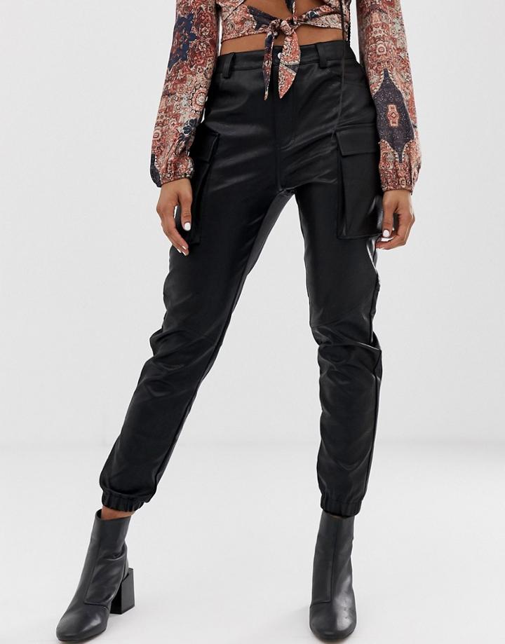 Wild Honey Faux Leather Cargo Pants - Black