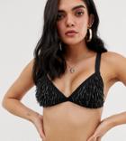 Missguided Triangle Bikini Top With Beaded Detail In Black - Black