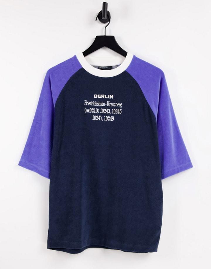 Asos Design Oversized T-shirt In Blue Towelling With Text Embroidery-multi