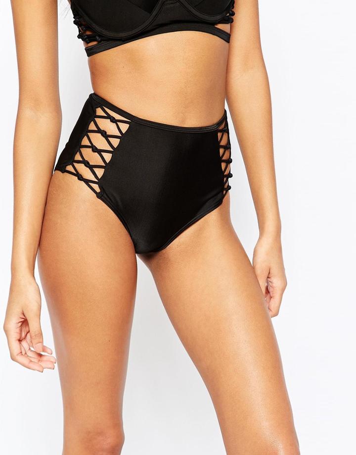 Wolf & Whistle High Waist Macrame Lace Up Bikini Bottom - Black