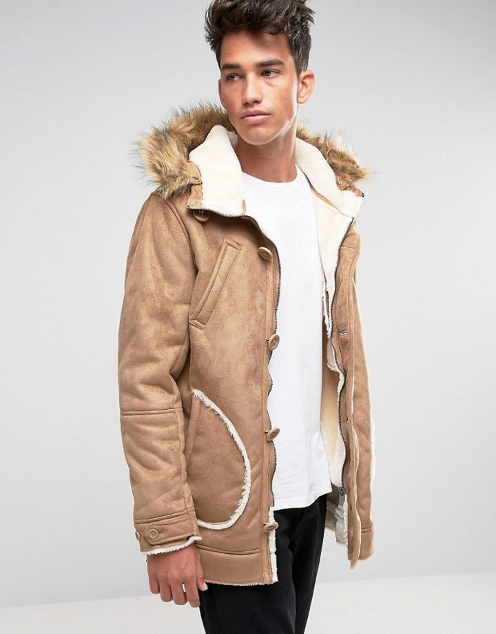 Brave Soul Faux Shearling Parka With Faux Fur Hood Jacket - Tan