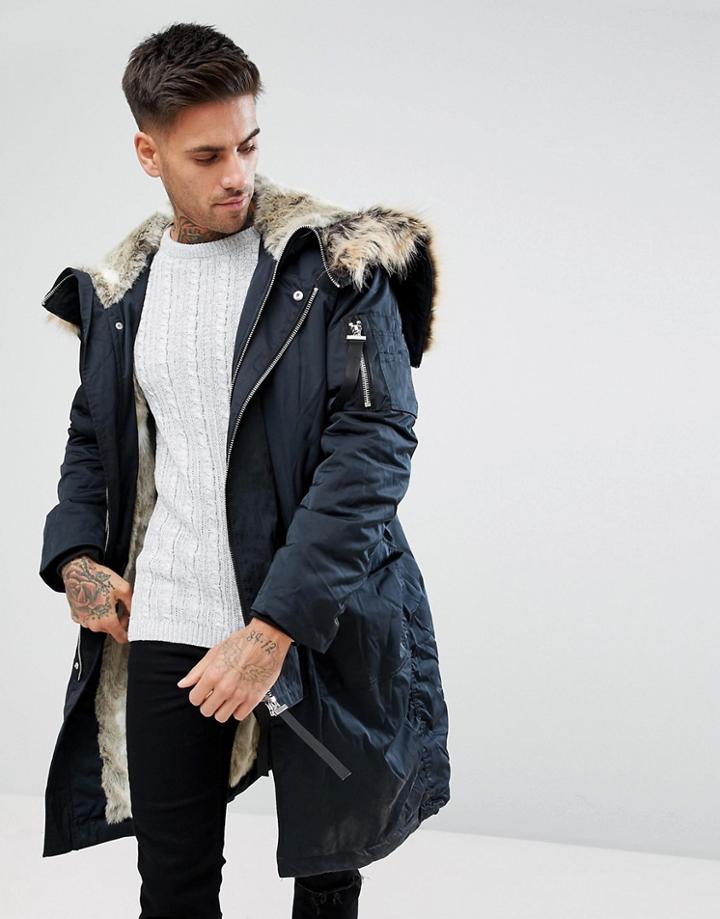River Island Parka Jacket With Faux Fur Lining In Navy - Blue