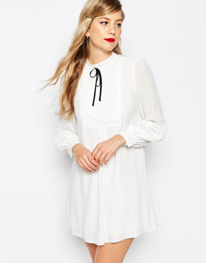 Asos Smock Dress With Pleat Detail And Contrast Tie - White