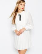 Asos Smock Dress With Pleat Detail And Contrast Tie - White