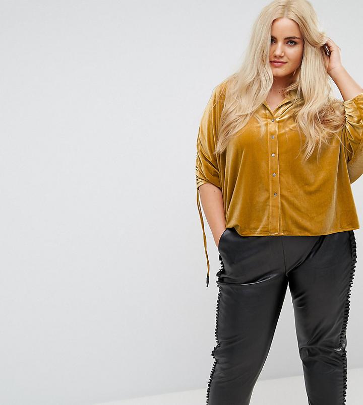 Elvi Allover Velvet Shirt With Tie Ruched Sleeve - Orange