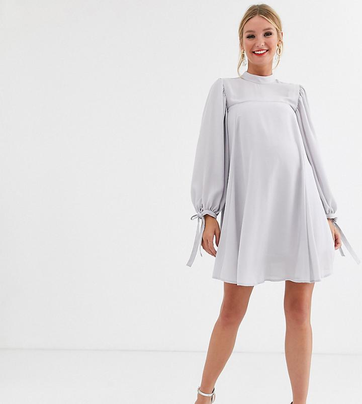 Asos Design Maternity Mini High Neck Swing Dress With Tie Sleeves