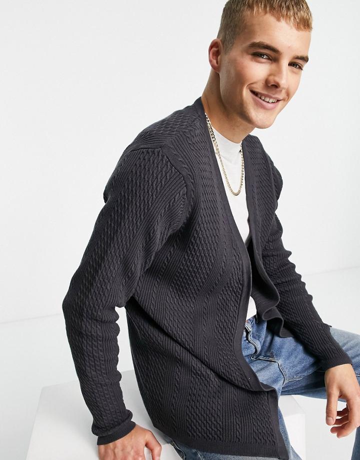 Asos Design Knitted Cable Cardigan In Charcoal Heather-grey