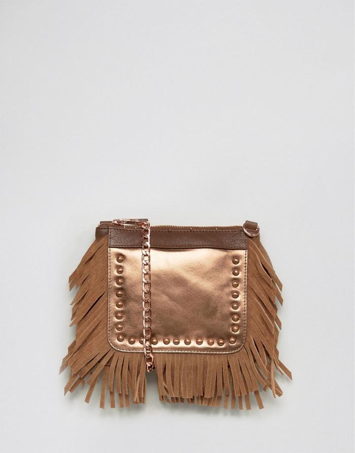 Urbancode Real Leather Fringed Cross Body Bag With Silver Emobossed Croc - Copper