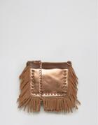Urbancode Real Leather Fringed Cross Body Bag With Silver Emobossed Croc - Copper