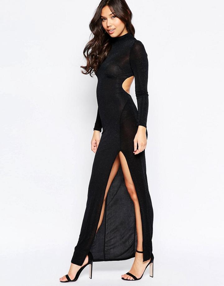 Twin Sister Lurex Long Sleeve Cut Out Back Maxi Dress - Black