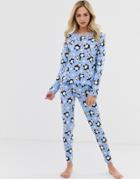 Asos Design Cute Panda Long Sleeve Tee & Legging Pyjama Set-blue