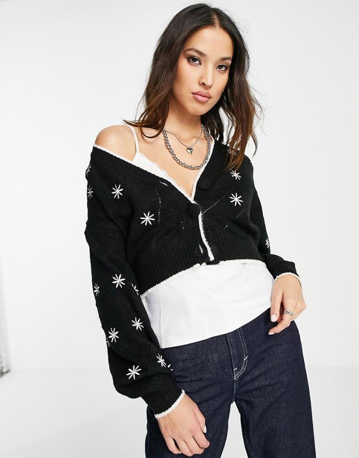 Violet Romance Floral Embroidered Cardigan In Black - Part Of A Set