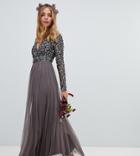 Maya Petite Long Sleeve Wrap Front Maxi Dress With Delicate Sequin And Tulle Skirt In Charcoal-gray