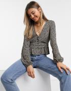 Pull & Bear Button Front Blouse In Animal-multi