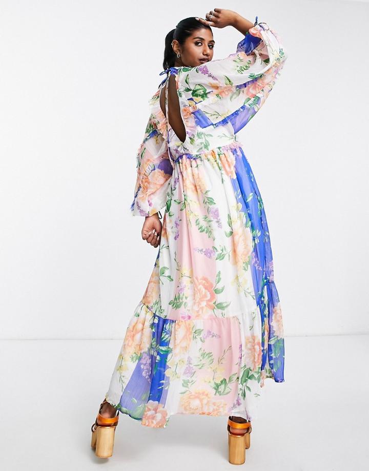 Asos Design Long Sleeve Chiffon Smock Midi Dress In Oversized Floral Print-multi