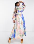Asos Design Long Sleeve Chiffon Smock Midi Dress In Oversized Floral Print-multi