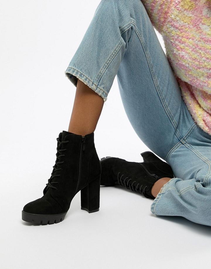 Raid Atlas Black Chunky Lace Up Heeled Ankle Boots - Black