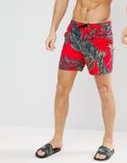 Asos Swim Shorts In Red Base With Leaf Print In Mid Length - Red