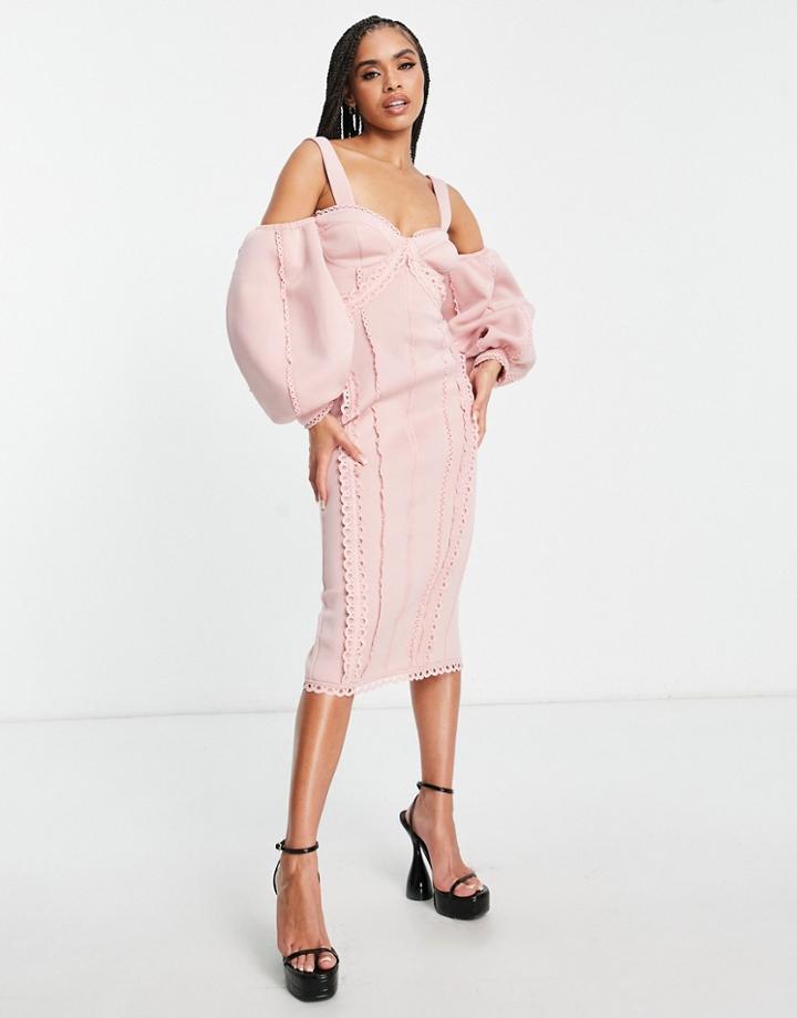 Asos Design Lace Trim Volume Sleeve Midi Dress In Pale Pink