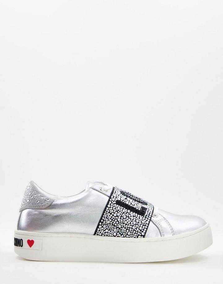 Love Moschino Logo Band Sneakers In Silver