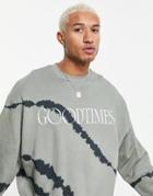 Asos Design Oversized Sweatshirt In Gray Tie Dye With Text Print-grey