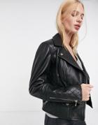 River Island Leather Biker Jacket With Quilting In Black