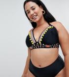 River Island Plus Plunge Bikini Top With Pom Pom Details In Black - Black