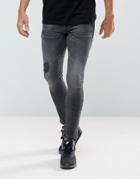 Asos Extreme Super Skinny Jeans In Washed Blaxk With Rips And Hem Detail - Black