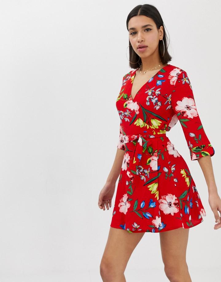 Ax Paris Floral Wrap Dress-red