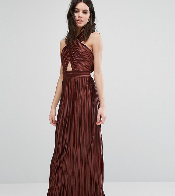 True Decadence Petite Allover Pleated Cross Front Open Back Maxi Dress - Orange