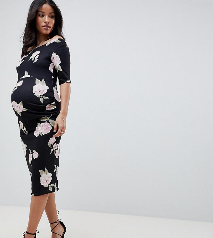 Asos Design Maternity Bardot Bodycon Dress With Half Sleeves In Floral Print - Multi