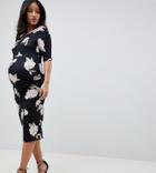 Asos Design Maternity Bardot Bodycon Dress With Half Sleeves In Floral Print - Multi