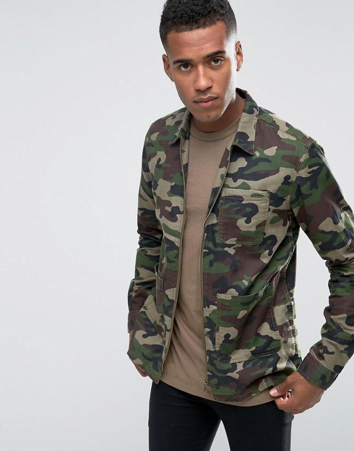 Jack & Jones Camo Zip Through Overshirt Jacket - Green