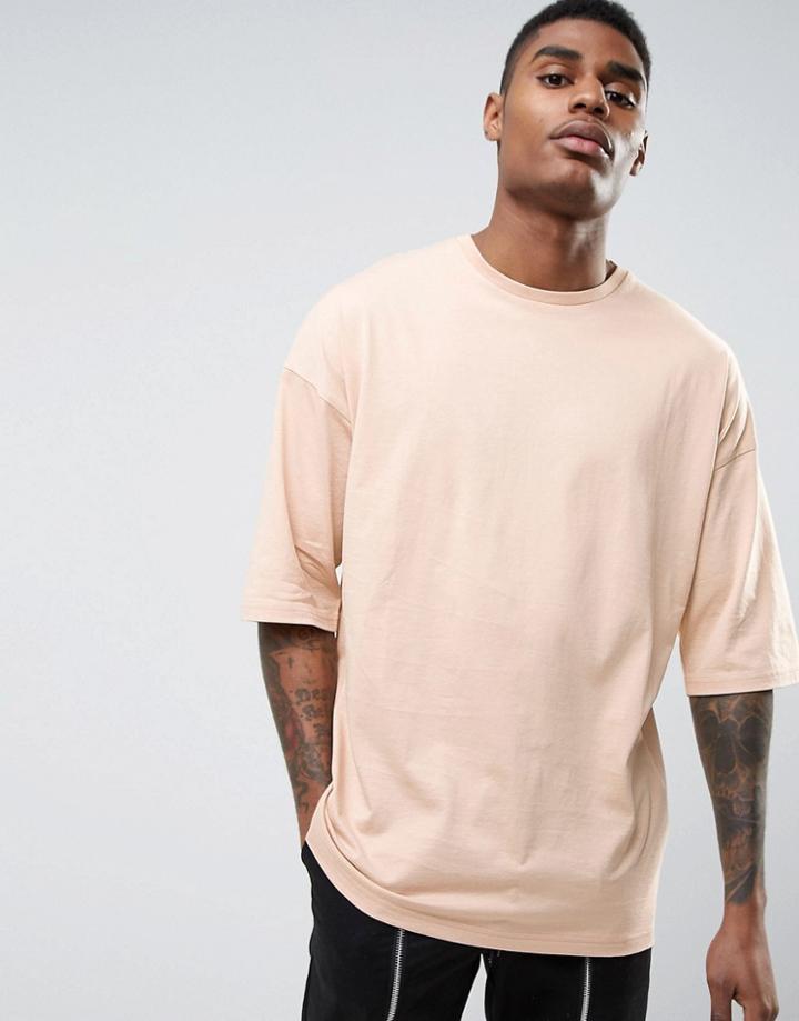 Asos Oversized T-shirt With Half Sleeve In Beige - Beige