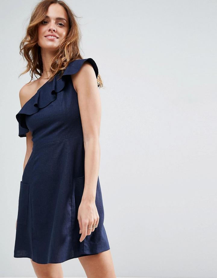 Asos One Shoulder Ruffle Front Mini Sundress - Navy