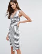 Liquorish Monochrome Striped Asymmetric Dress - Multi