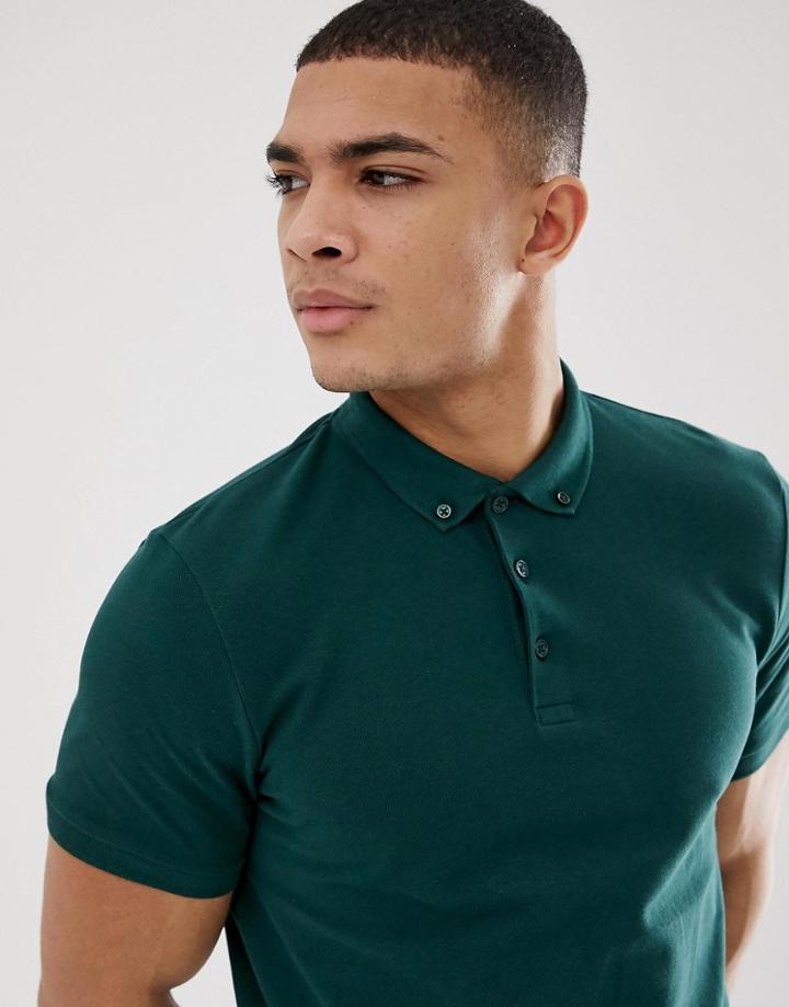 Asos Design Polo In Pique With Button Down Collar In Green