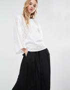 Neon Rose Long Sleeve Top In Boxy Fit With Embroidery - Cream