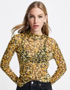 Vila High Neck Mesh Top In Yellow Floral Print-multi