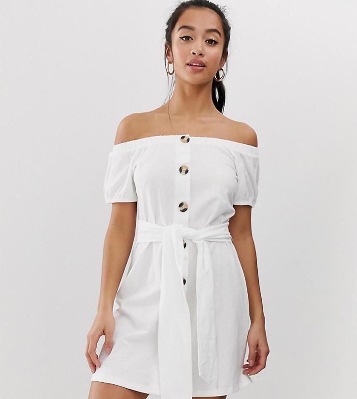 Asos Design Petite Button Through Bardot Slub Sundress-white