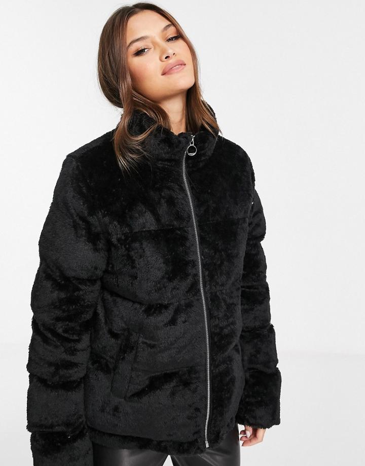 Qed London Faux Fur Puffer Jacket In Black